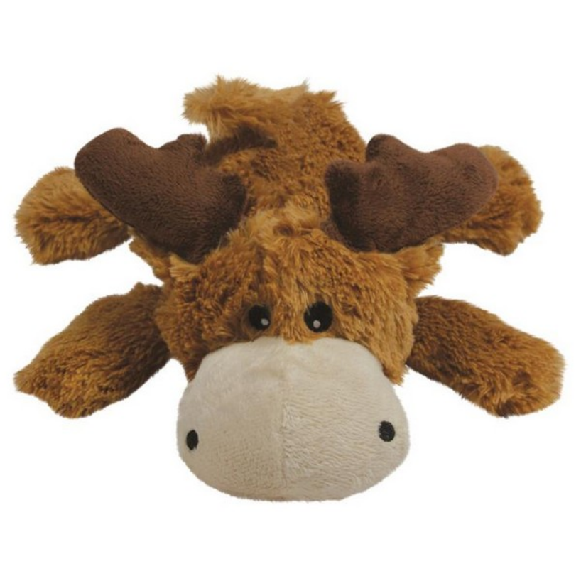 The KONG Marvin Moose Toy by KONG features a soft brown body, dark brown antlers, and a beige snout. With gleaming black eyes, it lies flat with splayed legs. This plush comfort toy is fluffy and perfect for warm hugs.